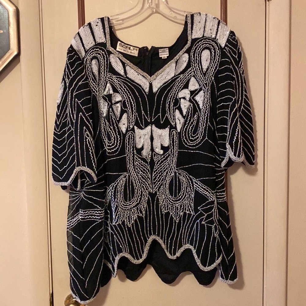 Black White Beaded Sequined Top